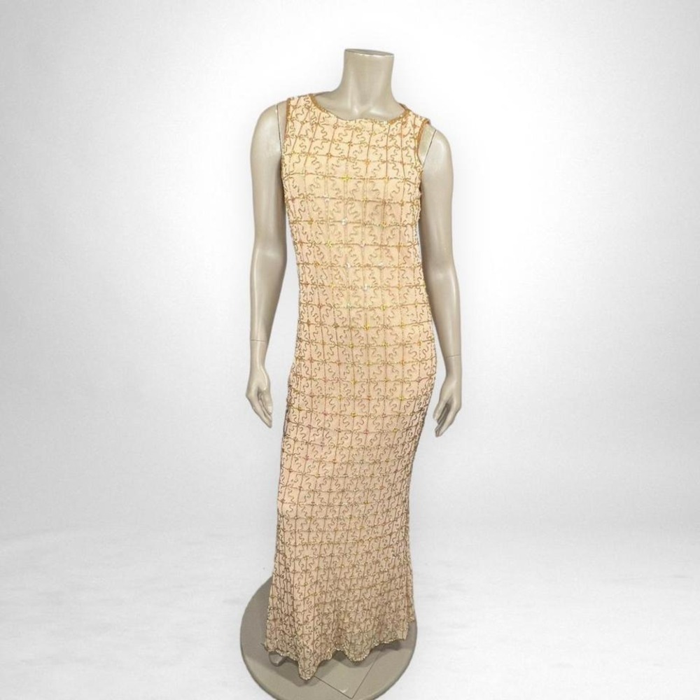 Vintage BARUNI Gold Beaded Maxi Dress Large